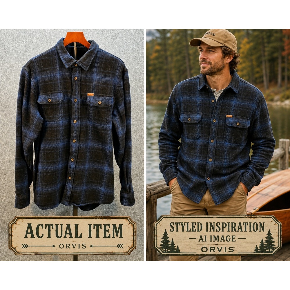 Orvis Flannel Shirt Mens Large Blue Black Excellent Plaid Cotton Button Up